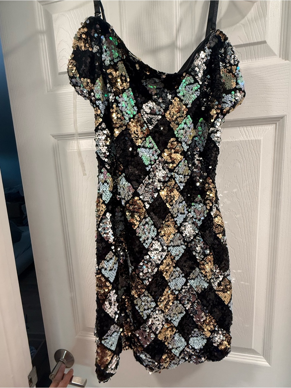 12th Tribe Strapless Sequin Mini Dress in Gold, Black & Iridescent - Picture 2 of 4
